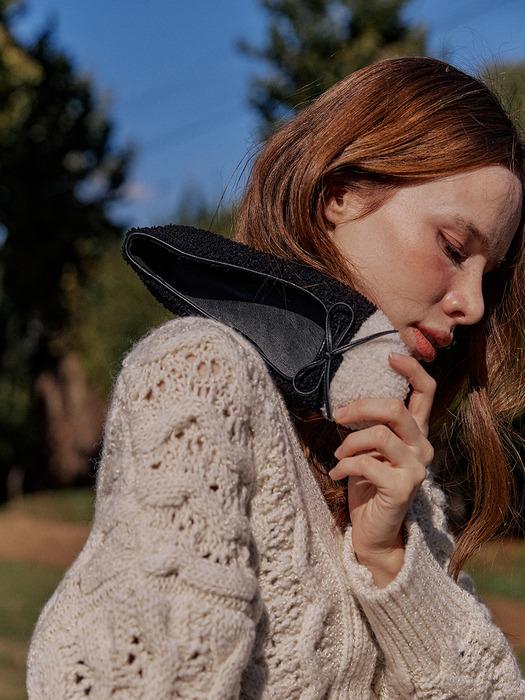 c576 wave ribon faltshoes 웨이브 리본 뽀글이 배색 플랫슈즈 - BK