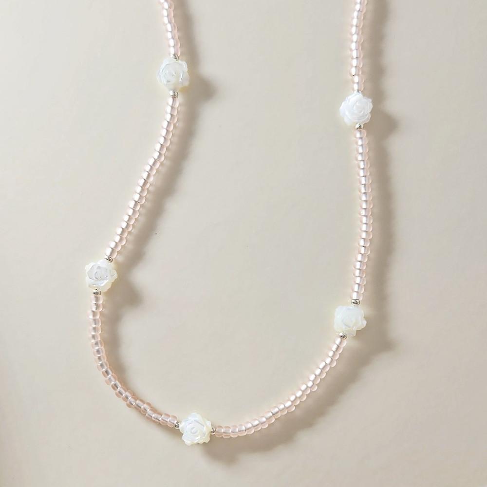 (핑거플로우) 빈티지 핑크 걸리시 자개 양면 장미 팬던트 비즈목걸이