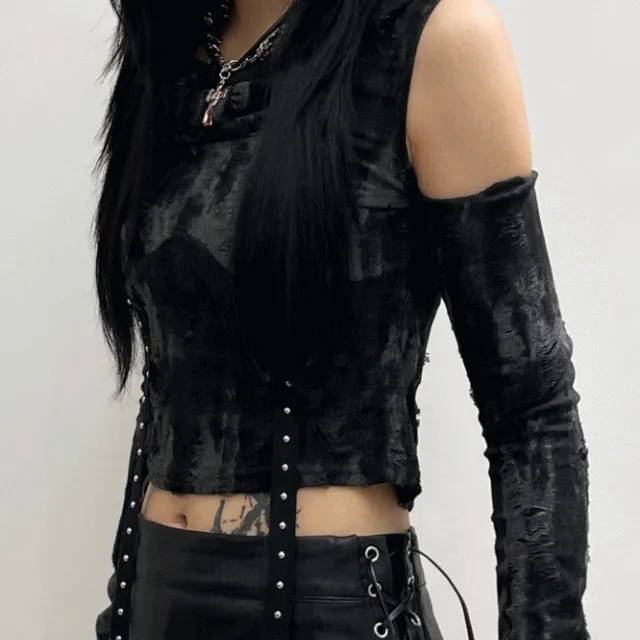 🚀[y2k/스판대박] 데미지 후드 어깨트임 크롭 티셔츠 O329