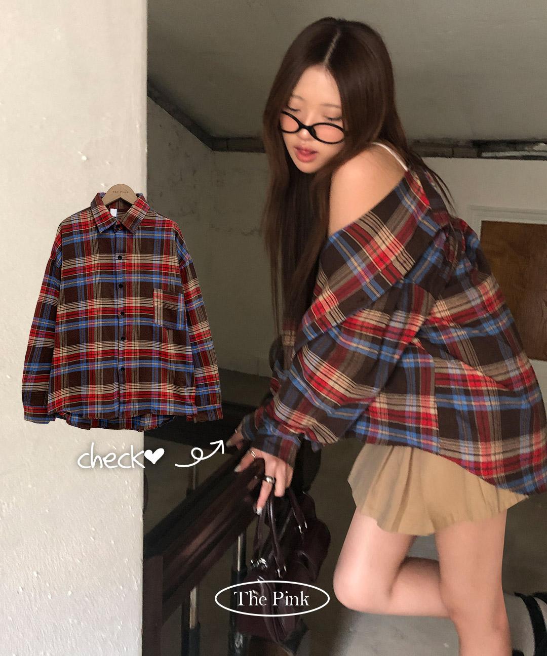 더핑크 [비비드/모리걸⭐️] 베든 오버핏 체크 셔츠 남방