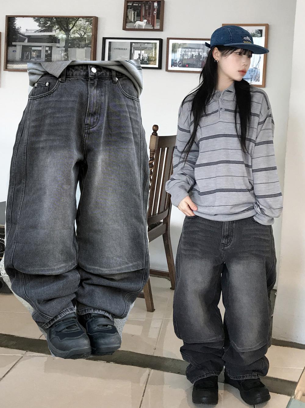 남녀공용 준 다트 커브드 워싱 데님 팬츠 (2color)