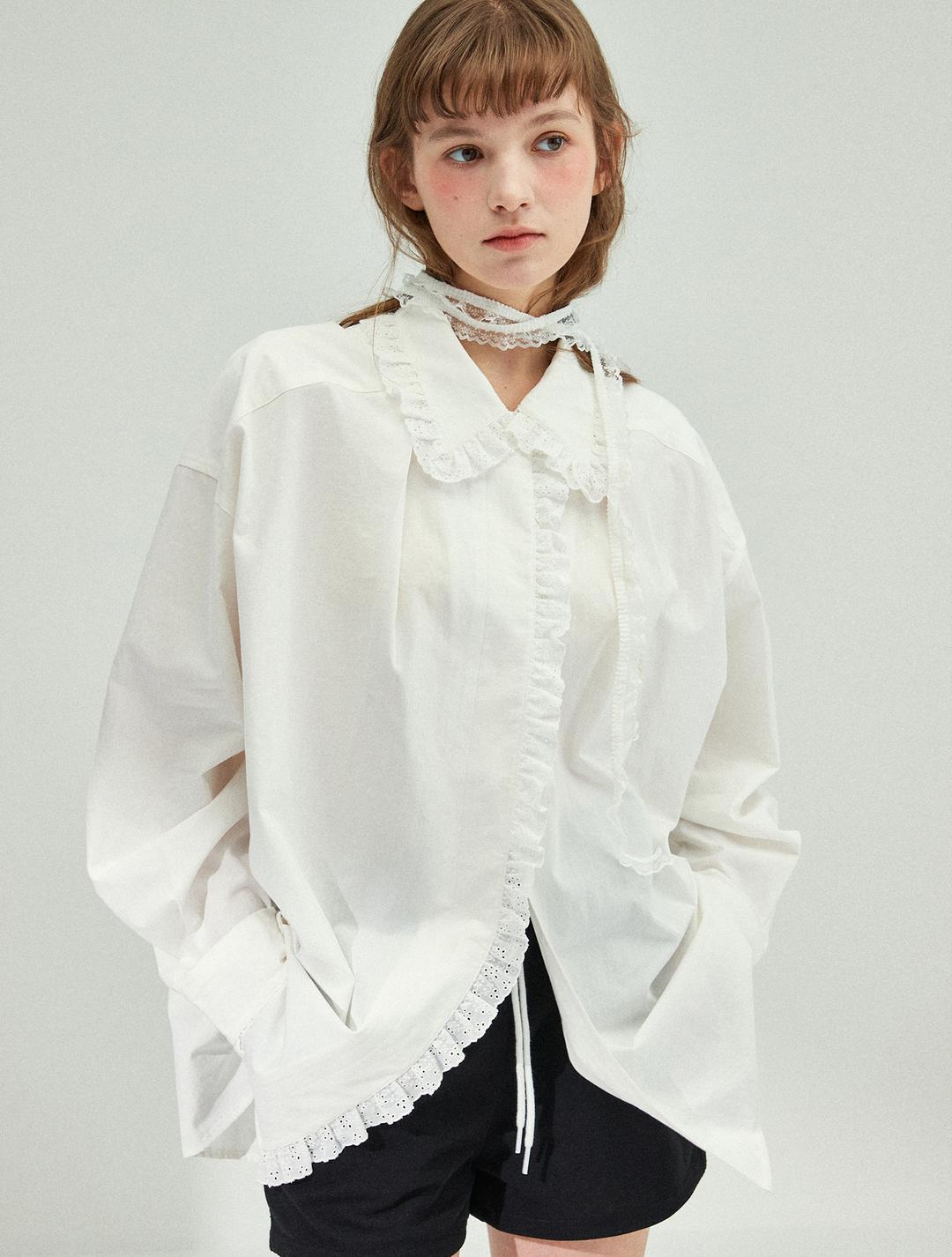 레이스 트리밍 오버사이즈 셔츠 [화이트]