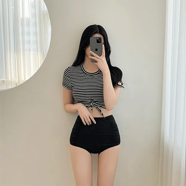 [블랙 당일발송/패드 제거가능!] 부담제로, 스트라이프 반팔 크롭 하이웨이스트 비키니 모니키니 수영복
