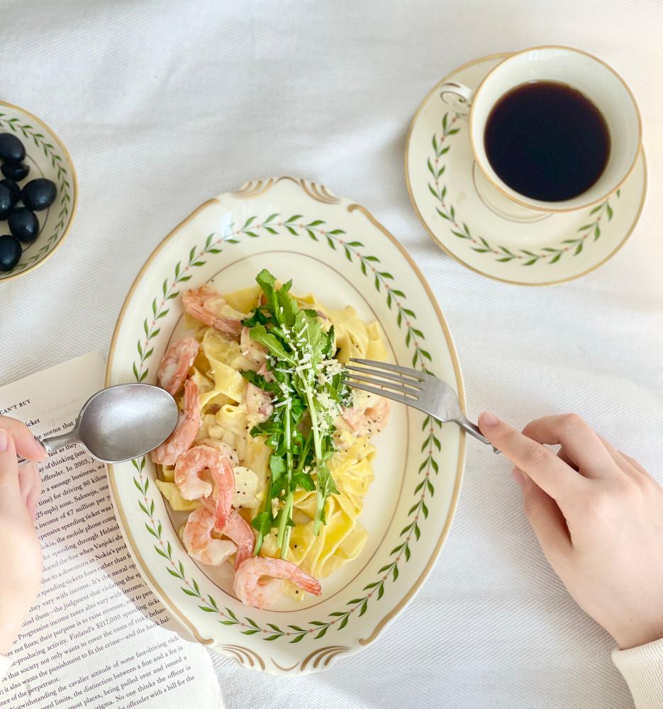 정품 시라쿠스 로렐 리프 블루 그린 커피잔 오벌 볼 플레이트 예쁜 빈티지