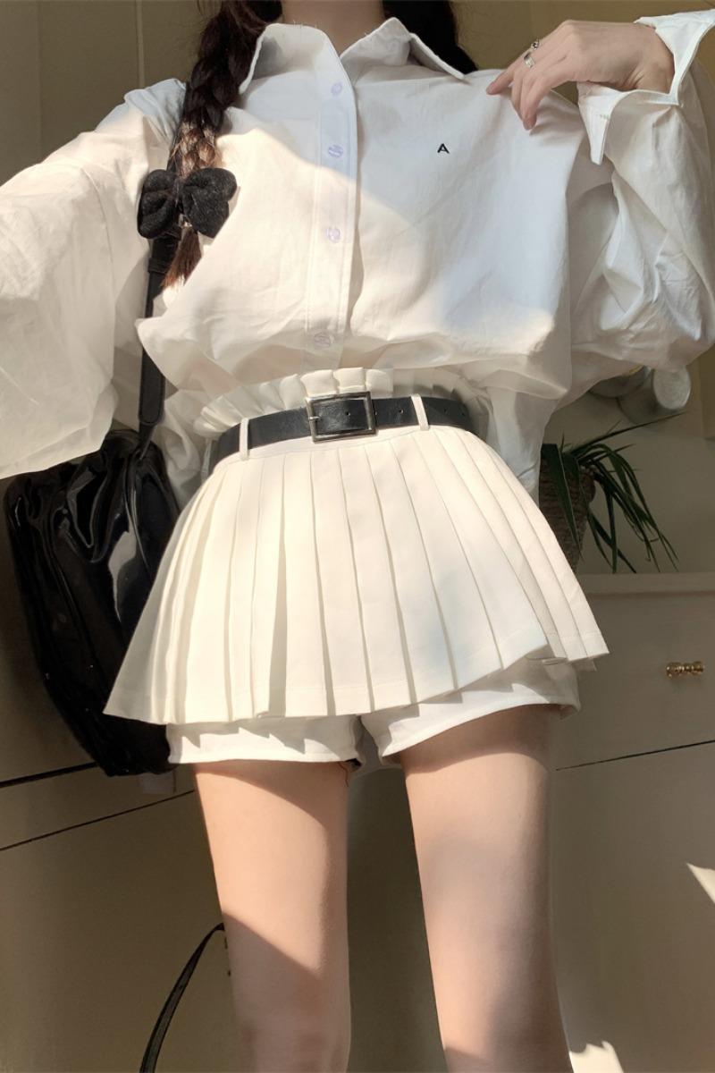 [화이트/블랙] 코쥬 하이웨스트 플리츠 A라인 유니크 키치 캐주얼 하이틴 러블리 봄 여름 반바지 스커트 치마바지