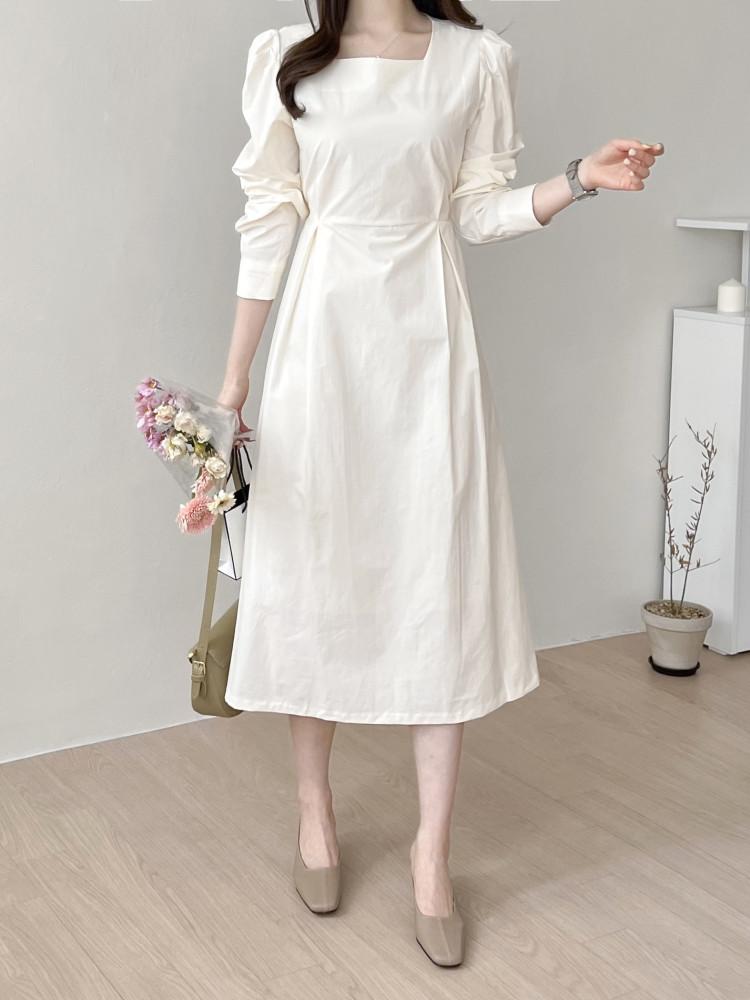 리치 코튼 핀턱 A라인 스퀘어넥 원피스 2color