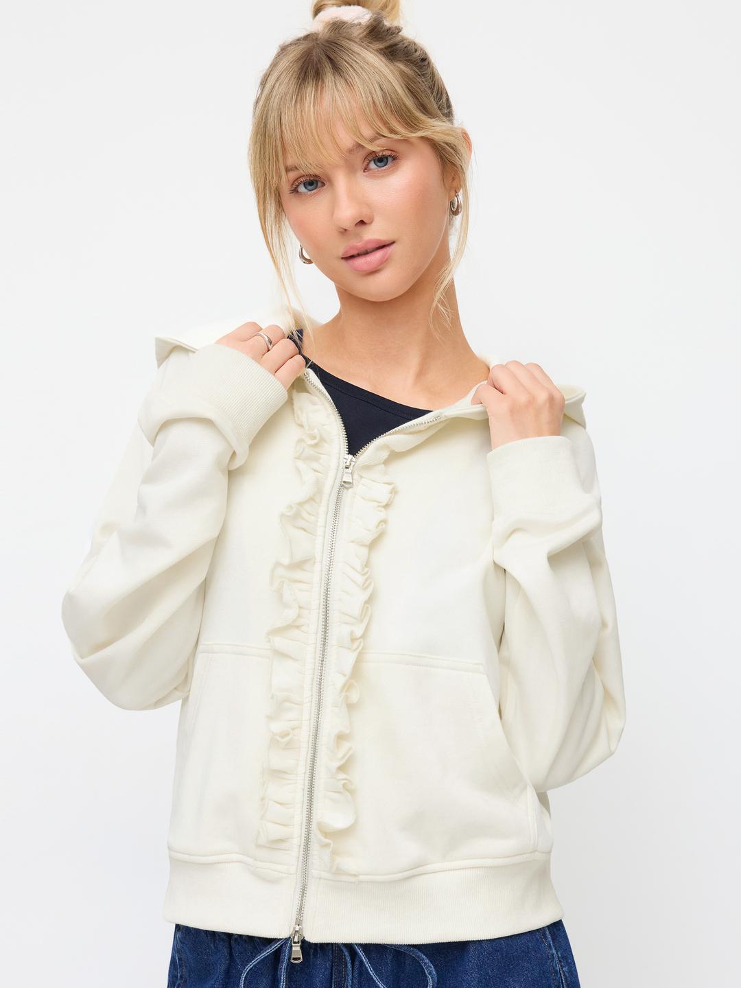 Cotton-blend Ruffled  Zip Through Hoodie