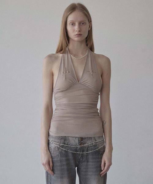 Beaded Mesh Halter Top Skin