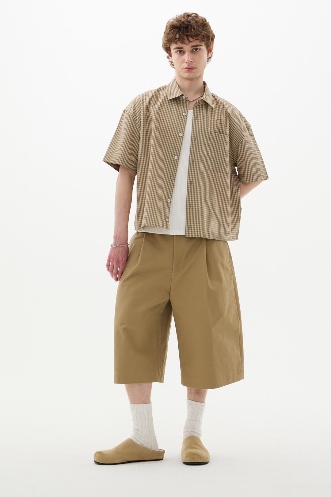 세그먼트 체크 크롭 셔츠 베이지