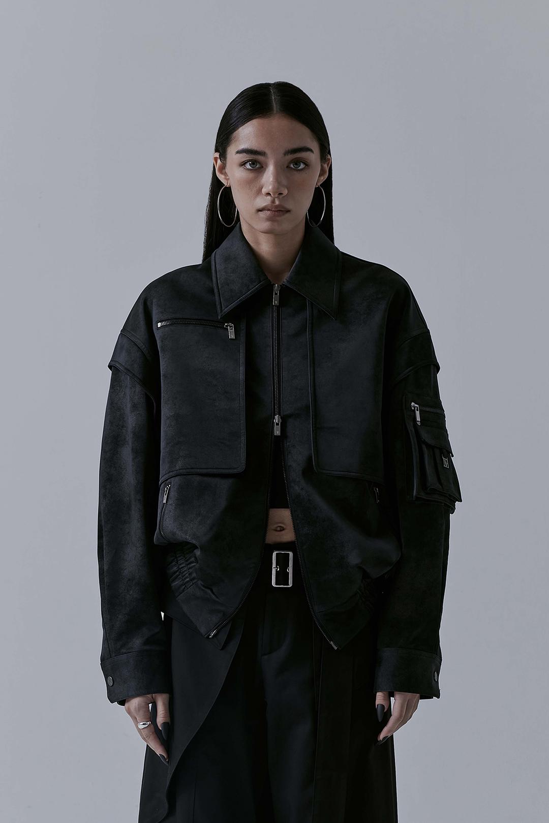Suede Matte Leather Jacket [ Black ]