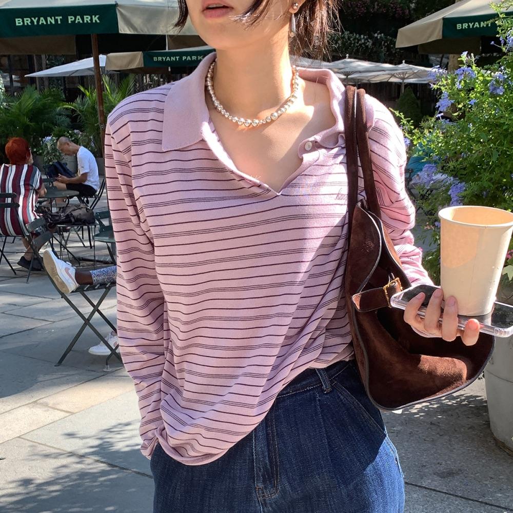 a stripe polo knit (pink)