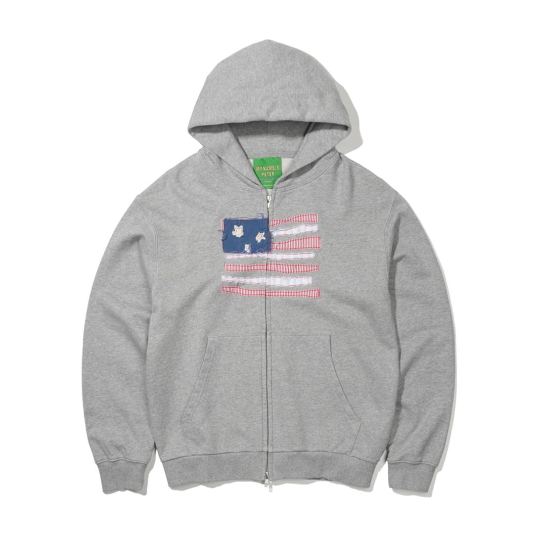 USA FLAG APPLIQUE ZIP HOODIE - GRAY