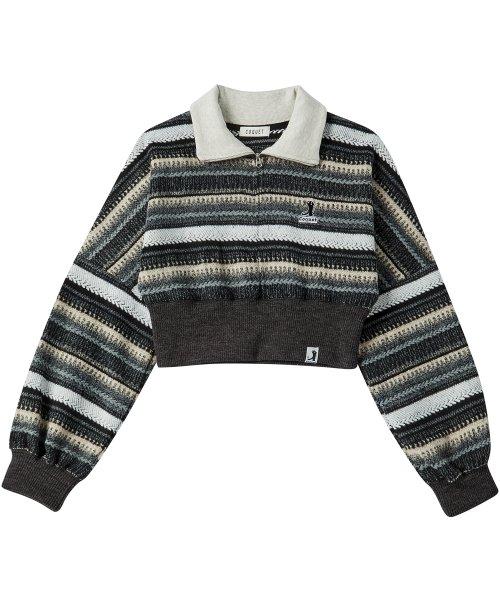 [ WOMAN ] KNIT STRIPE SHORT CROP HALF ZIP-UP CHARCOAL