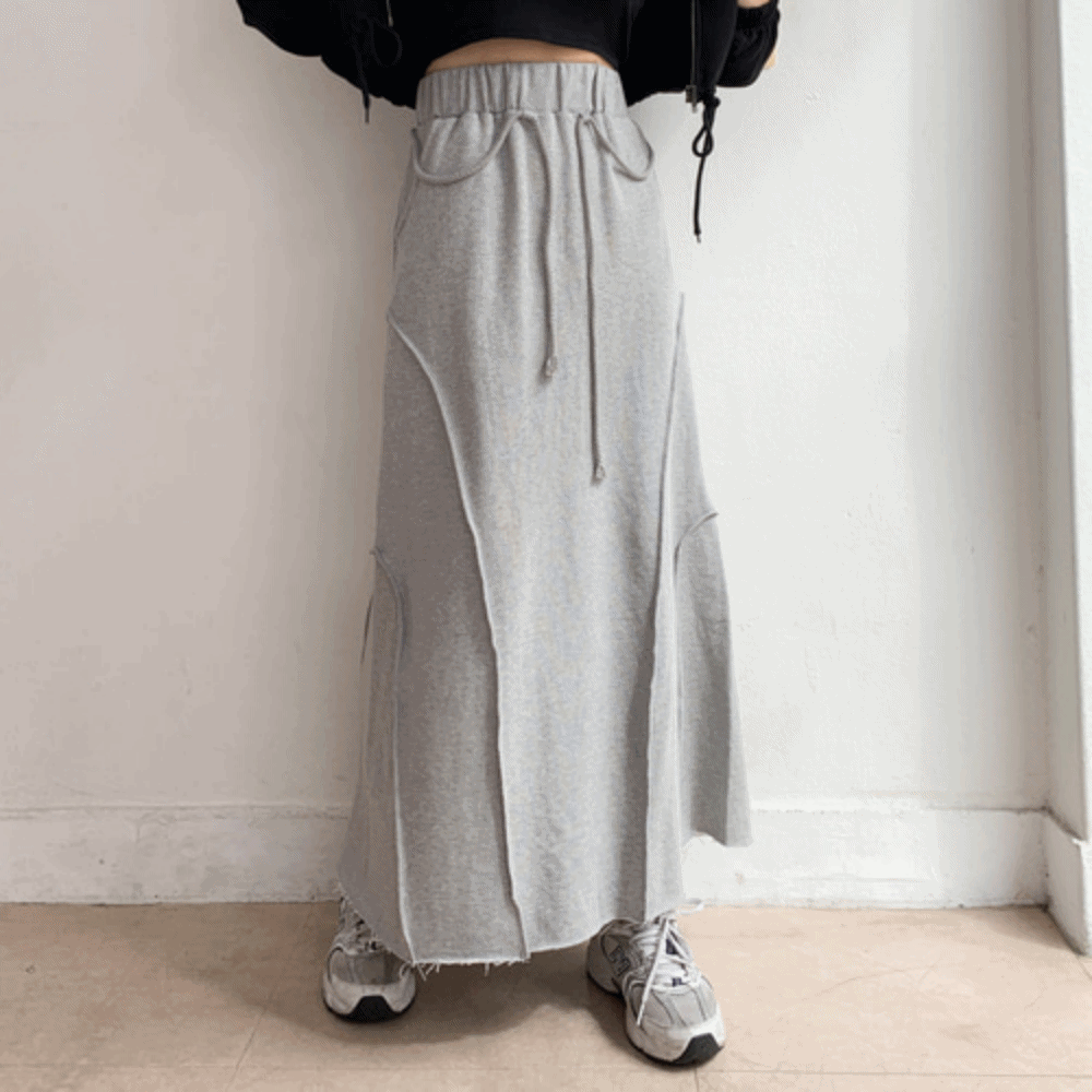 (무배) 로프 사선 절개 유니크 쭈리 밴딩 롱 스커트 2color