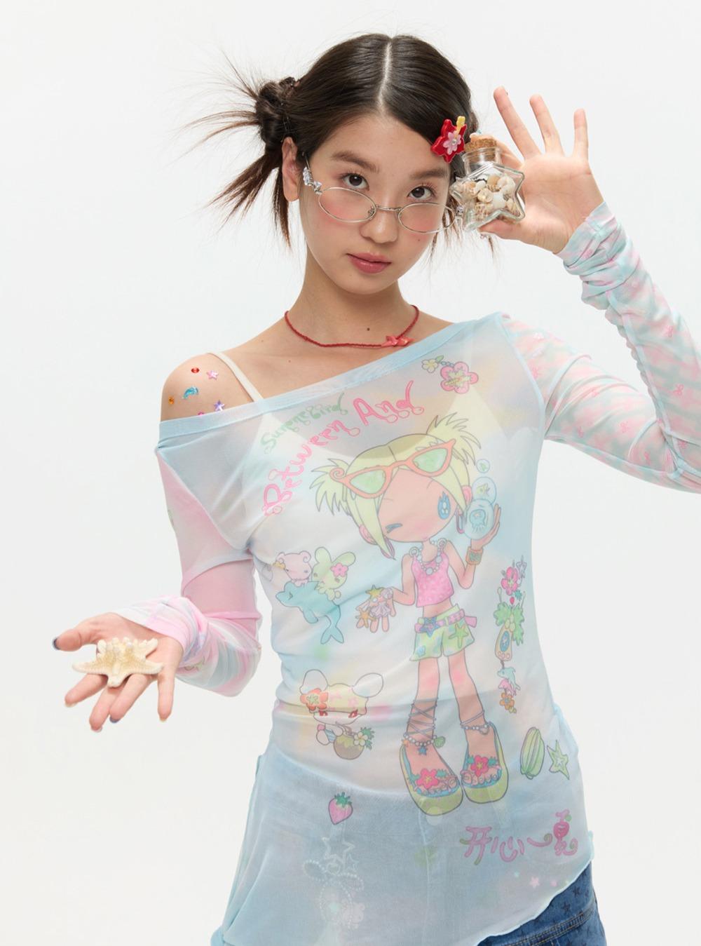 BETWEENAND×NiaoNiaoYi One-Shoulder Mesh Top