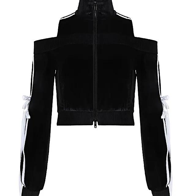 메이슨 벨벳 홀터 오프숄더 리본 코르셋 크롭 집업자켓