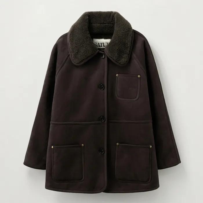 (W) 신세틱 시어링 루즈 핏 자켓 다크 브라운