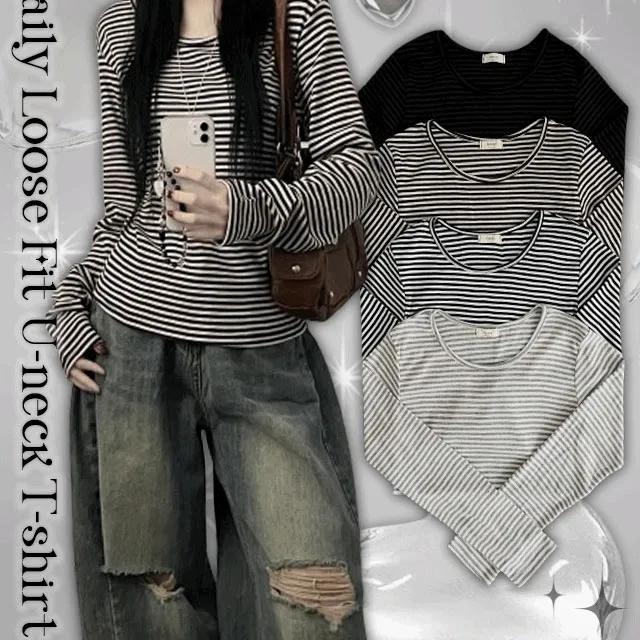 묶음할인/단가라버전*[넉넉한핏!/데일리]단가라체형커버랍빠유넥라운드여유핏긴팔티(4color)