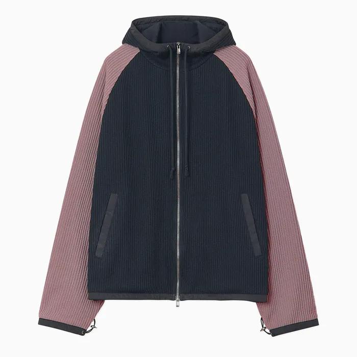 WOVEN BINDING KNIT HOODED ZIPUP / DARKGREY PINK