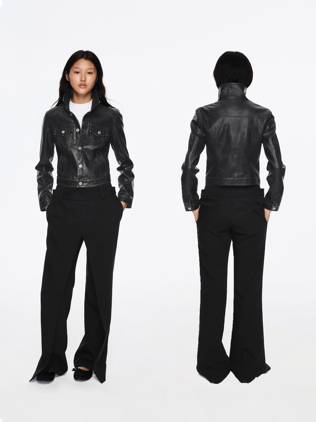 The Distressed Slim Fit Leather Jacket - Black / S