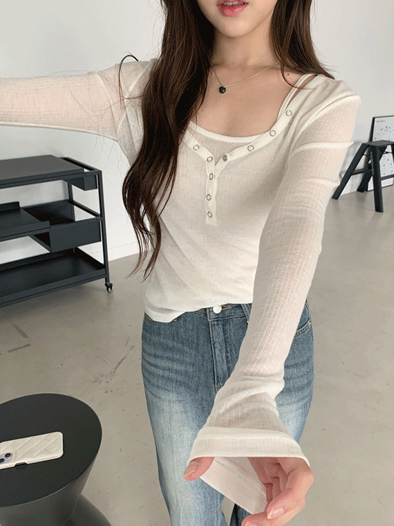 여리여리 버튼 브이넥 티셔츠(나시구매 가능)