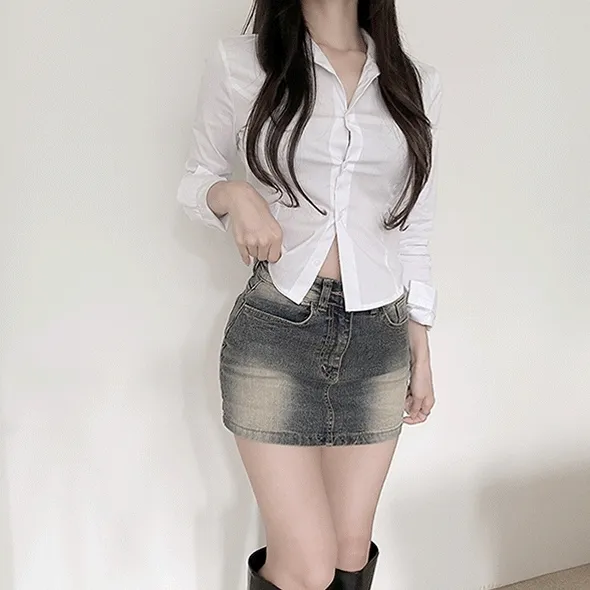 ( 허리잘록핏 ) 페미닌 슬림핏 스판 밑단굴림 크롭긴팔셔츠