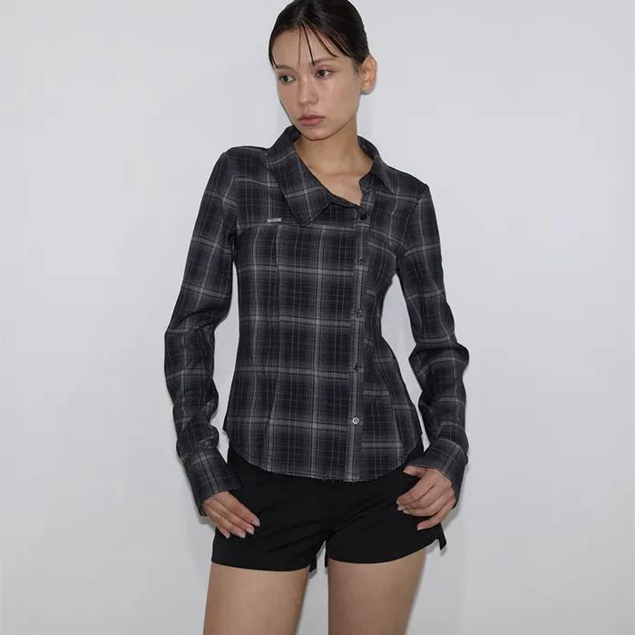 Offset Button Check Shirt (navy)