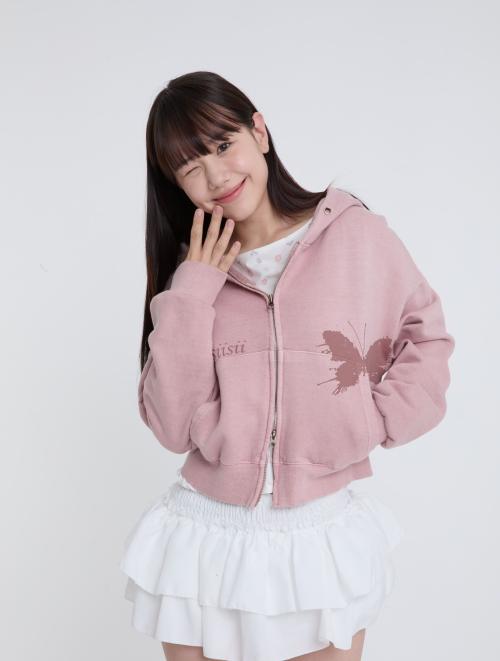섀도우 버터플라이 프린트 피그먼트 워싱 크롭 후드집업 핑크