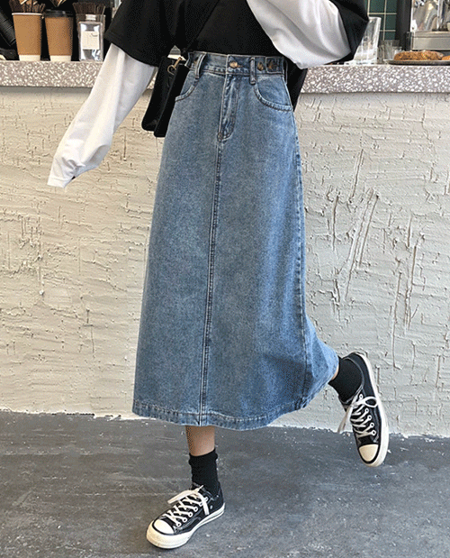 당일발송] 데일리 뒷트임 데님 롱 스커트