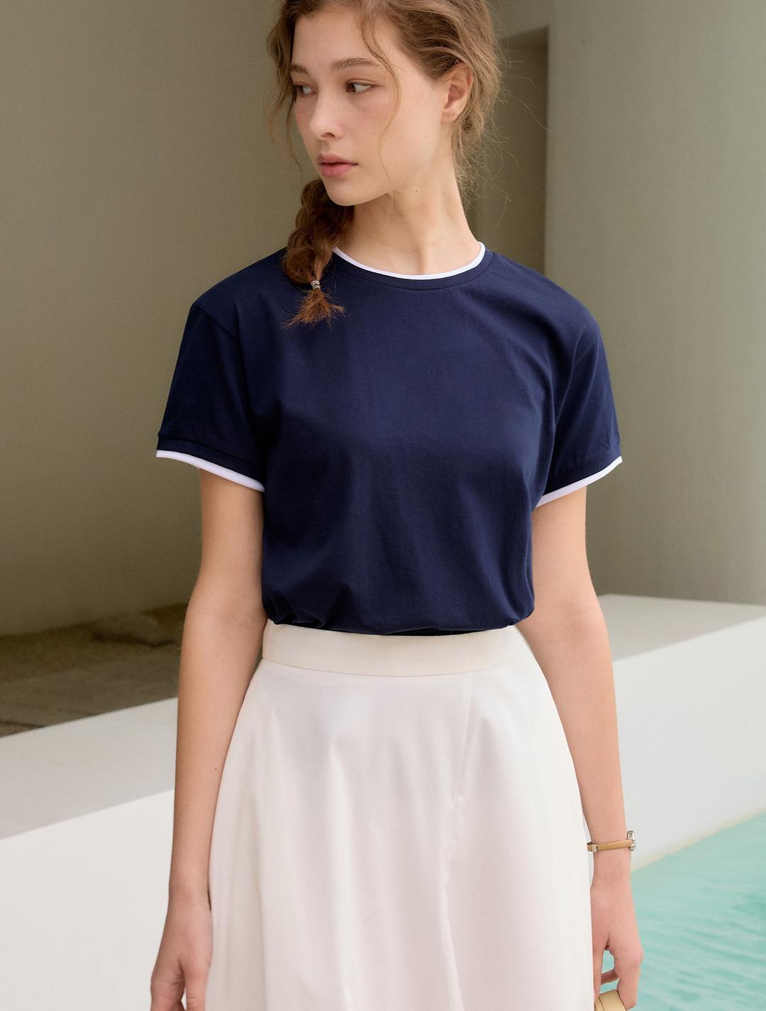 프리즘 배색 티셔츠 - 네이비