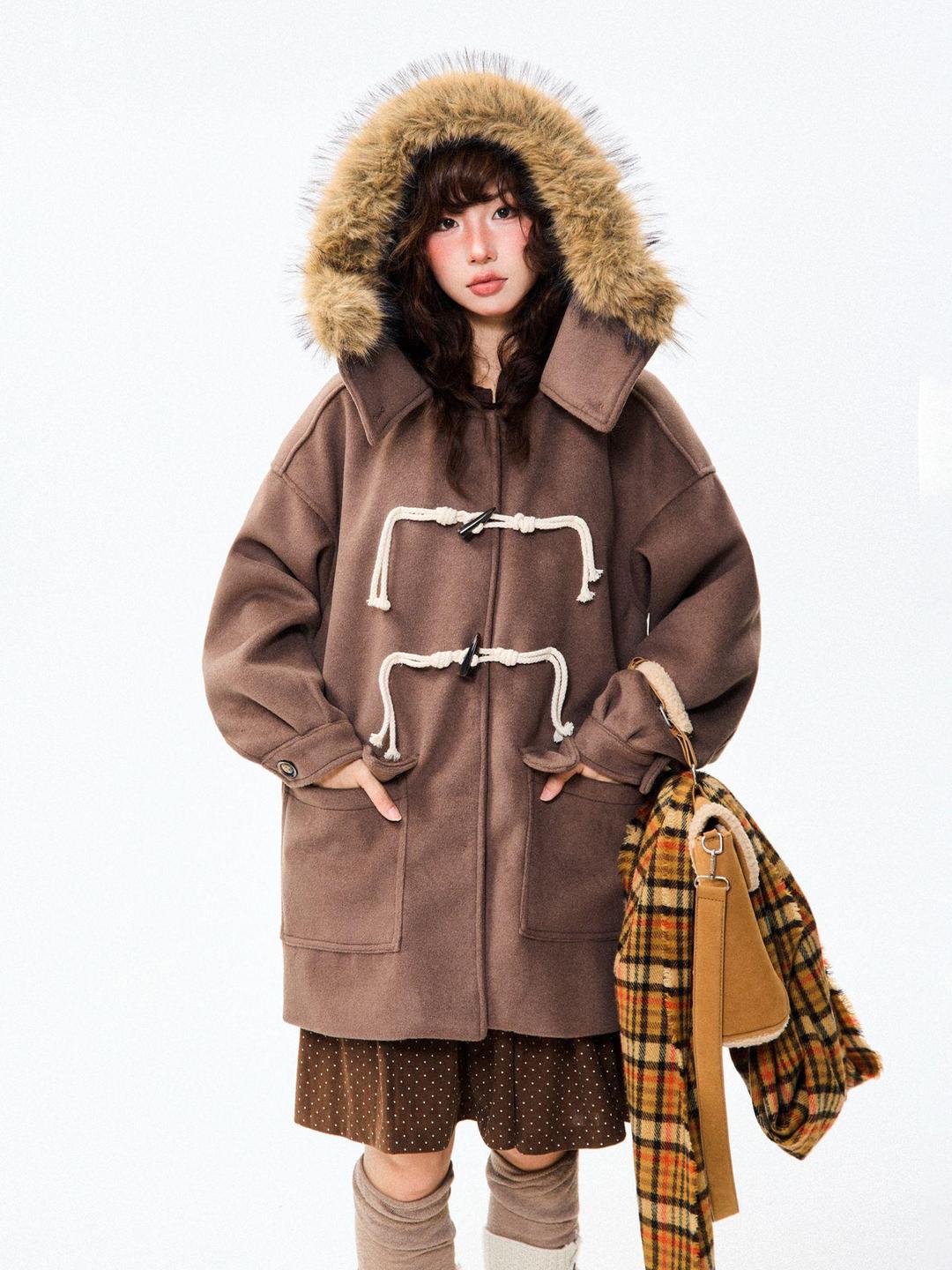 여성 겨울 중장 브라운 버튼 카라 모직 아우터 후드 스타일