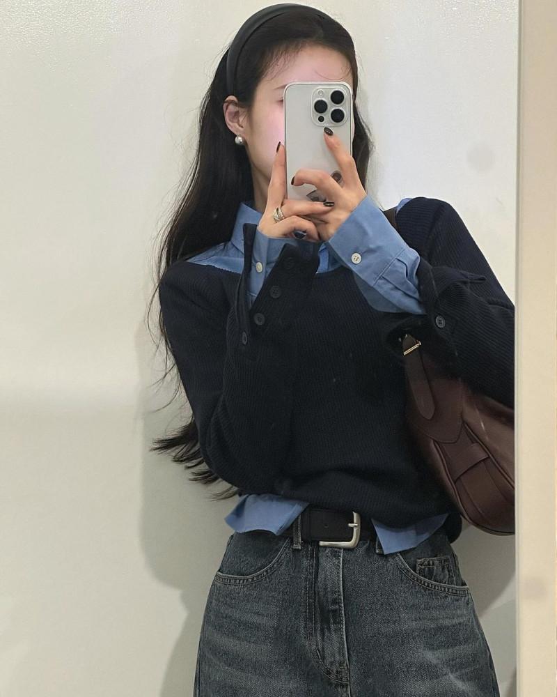 럼즈 여성 골지 보트넥 오프숄더 레이어드 이너 슬림 트임 티