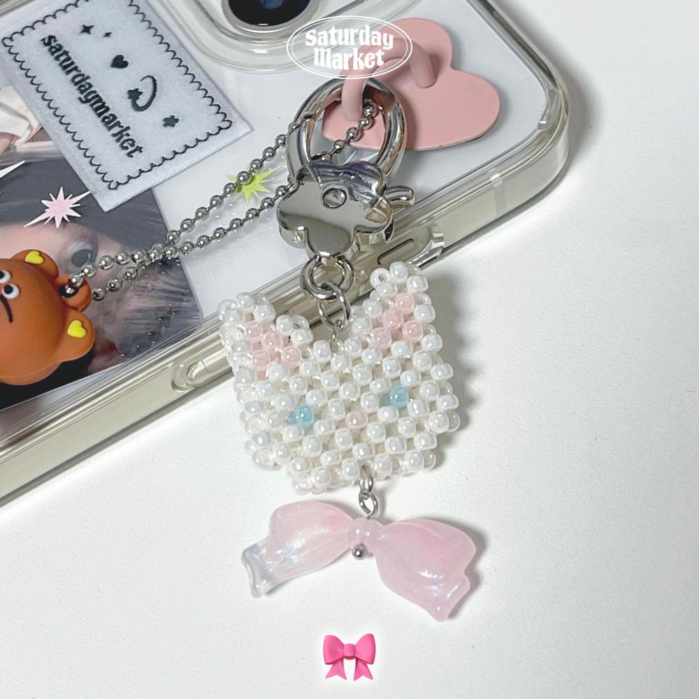 리본 키티 캣 비즈 키링 - 펄 화이트(saema)