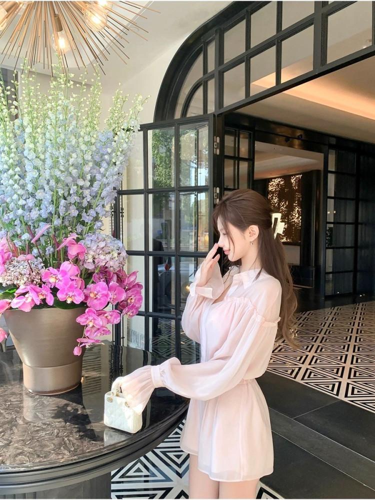 캐주얼 드롭숄더 핑크 셔츠 세트