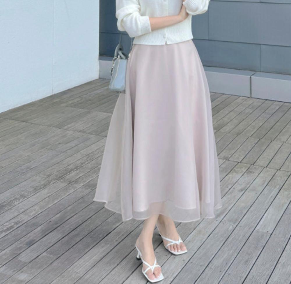 무드 오간자 롱 플레어 레이스 스커트