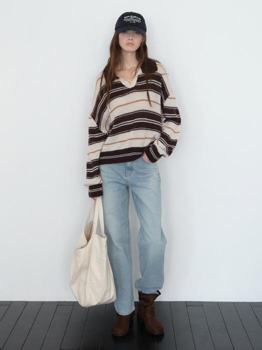 프레피 스트라이프 오픈-카라 풀오버 BROWN