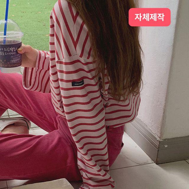 [러브프롬] 로빈스 스트라이프 티셔츠 (5color) / 루즈핏 단가라 긴팔 티셔츠 배색