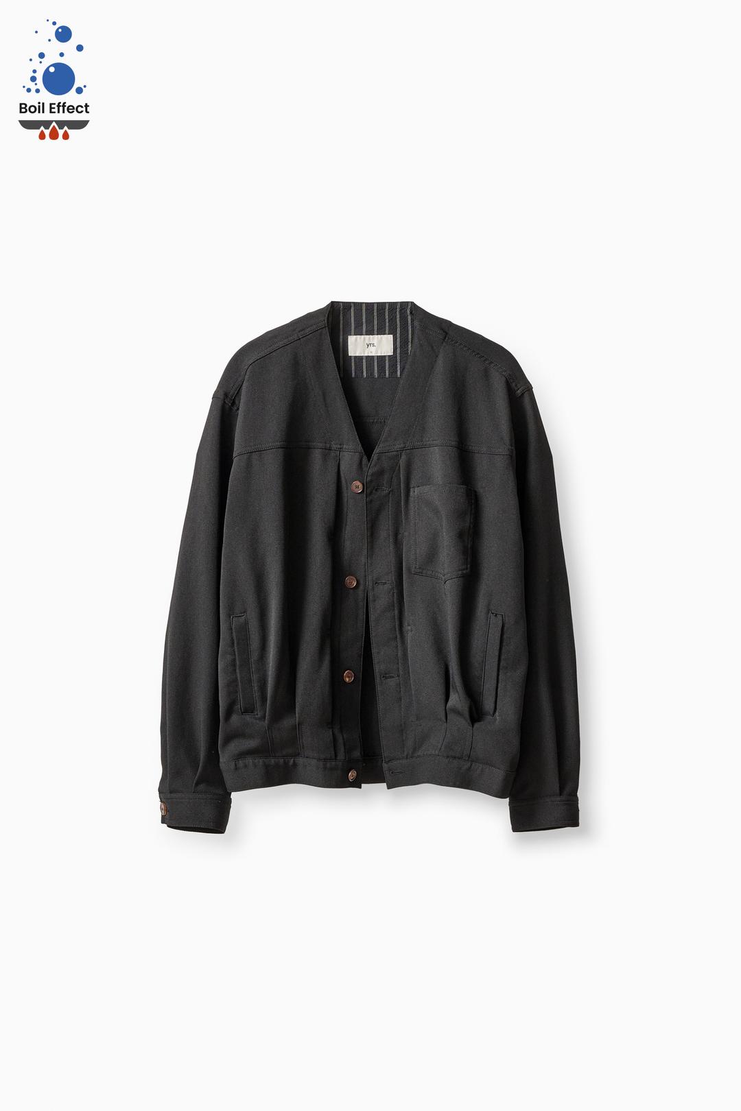 SUBSTANCE / BLACK BOIL EFFECT DRY SERGE FABRIC COLLARLESS TRUCKER JACKET (ECP GARMENT PROCESS)