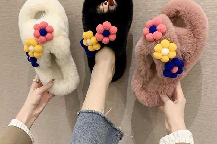 [해외] 따뜻한 토끼털 슬리퍼 꽃송이 가정용 사무실 실내화