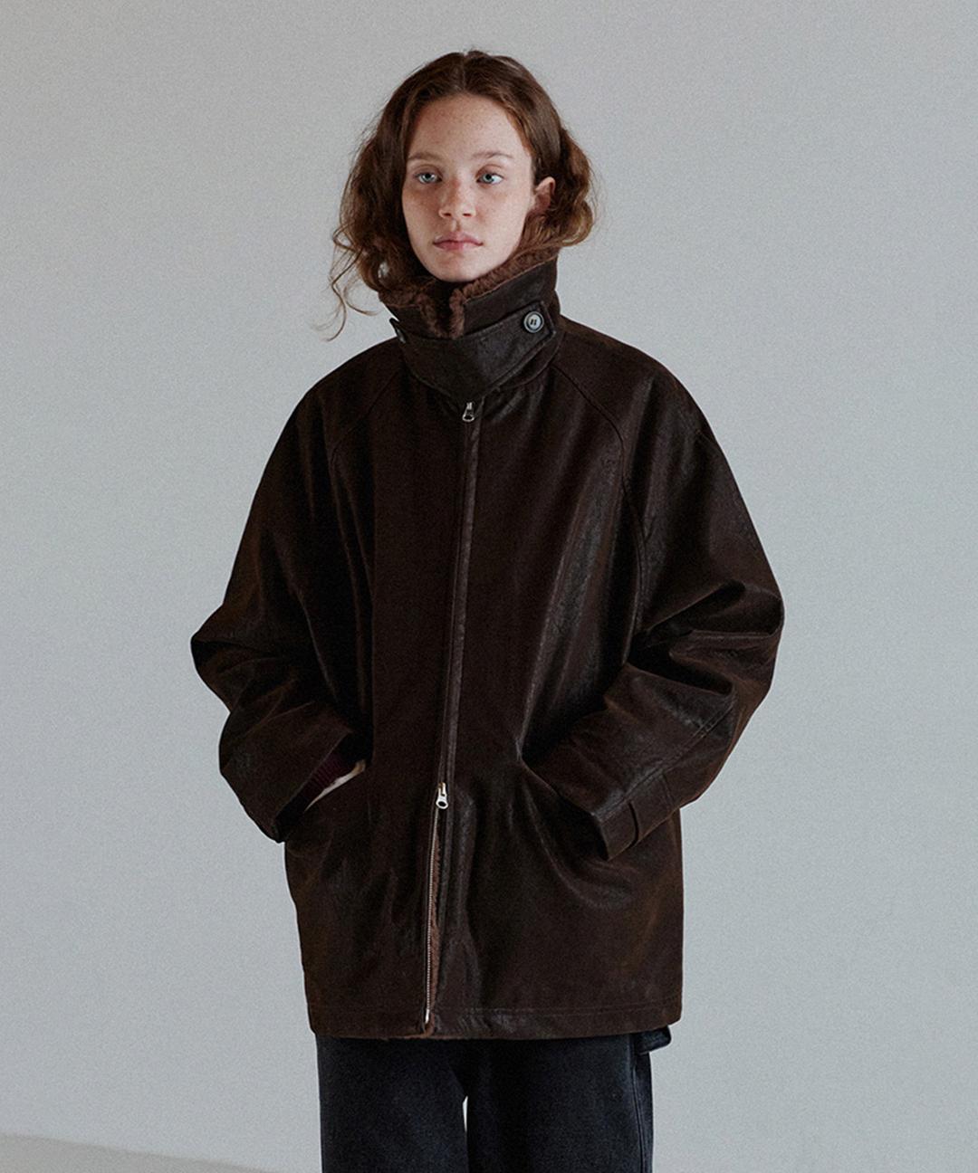 하네 퍼 카라 패디드 하프 코트_Subtle Brown