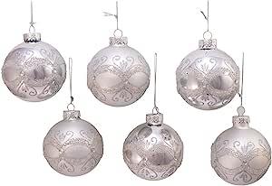 Kurt Adler 80MM Silver with Glitter and Sequins Glass Ball Ornaments, 6 Piece Box