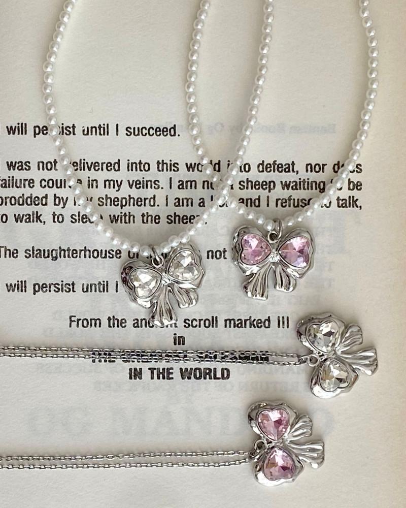 [신상 5% 할인] lovely ribbon 목걸이 (진주ver/일반체인ver) 리본목걸이 큐빅리본