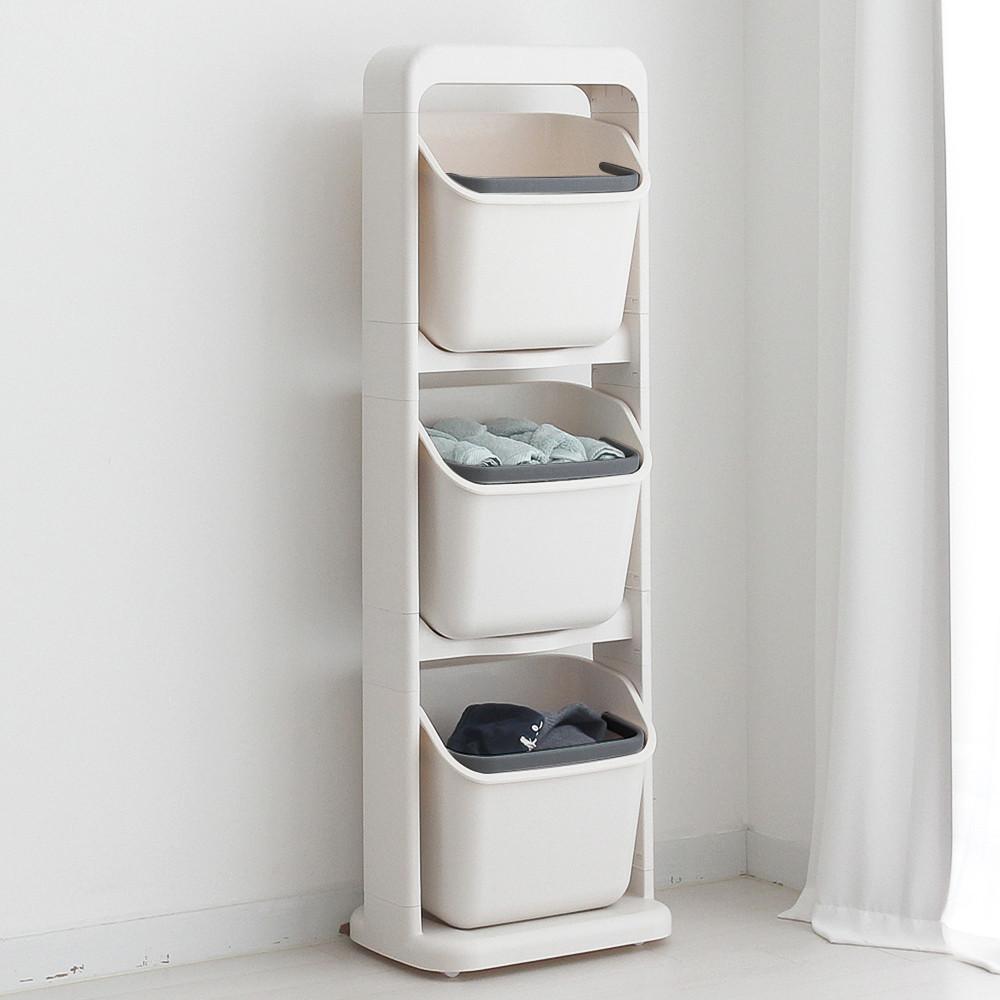 올리빙 도트 이동식 스탠드 빨래바구니 3단