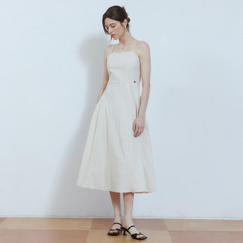 Square neck pintuck sleeveless long dress - beige