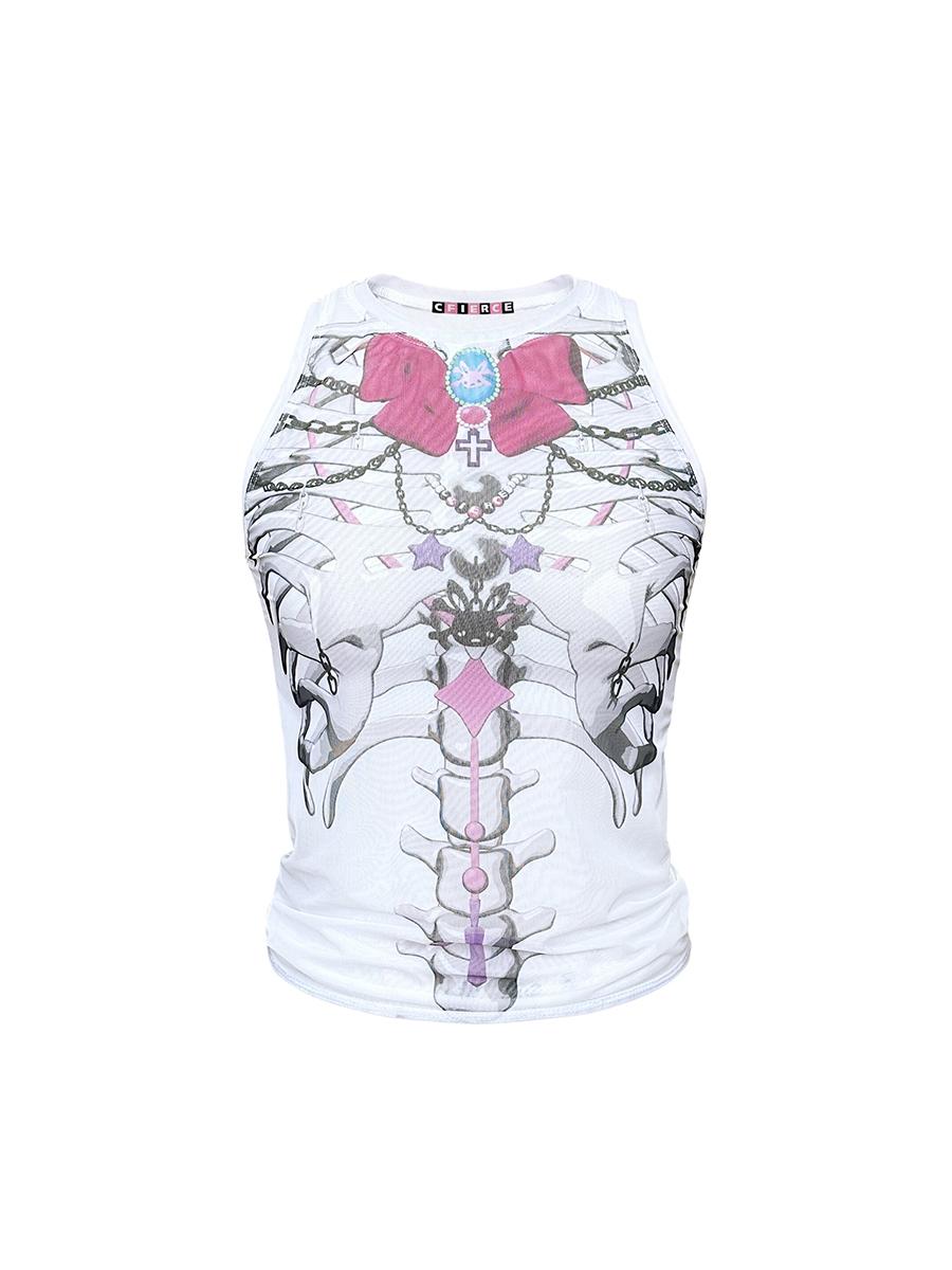 Bow Skull Print Mesh Top