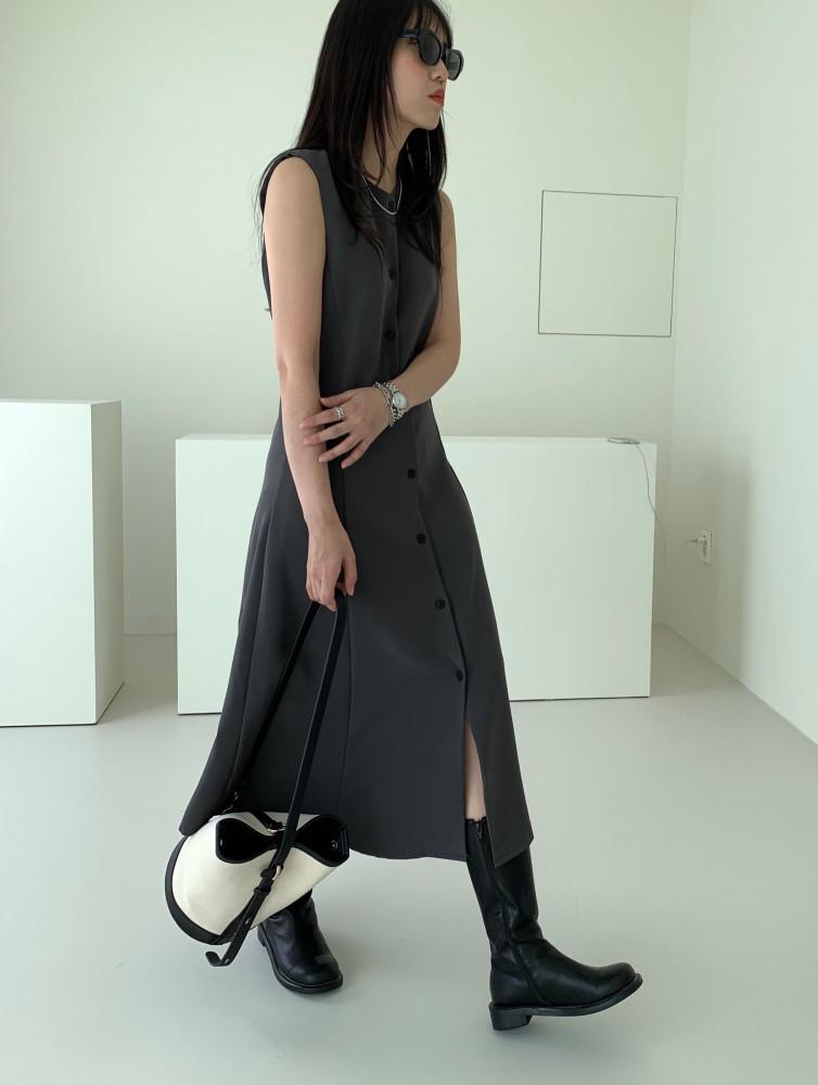 벨누아 버튼 롱 맥시 훌 A라인 나시 라운드원피스(다크그레이,블랙)