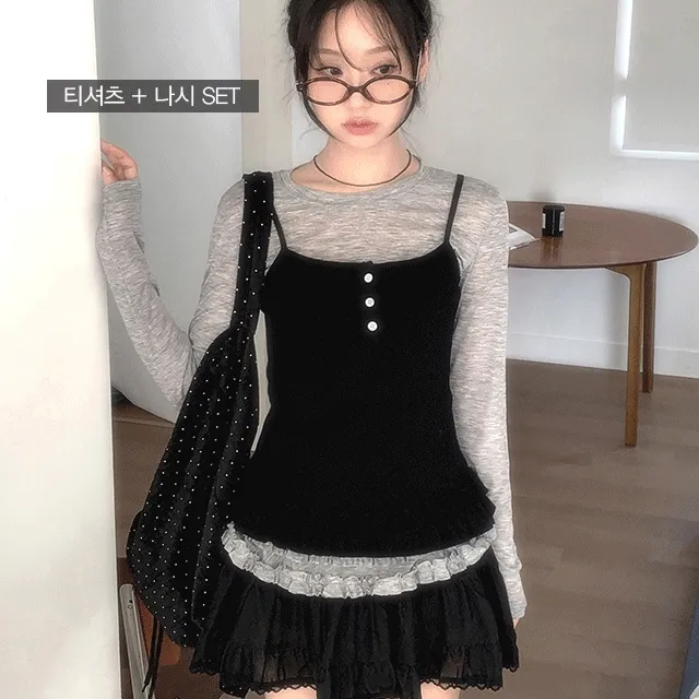 [레이어드✨세트] 팬코 배색 프릴 레이어드 나시 티셔츠 봄 가을 / 나시 긴팔티 이너티 기본티 프릴티셔츠 레이어드 뮤잉