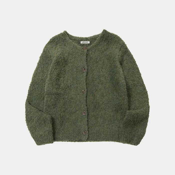 소프트 라운드넥 베이직 버튼 업 솔리드 부클 가디건 자켓_3COLOR