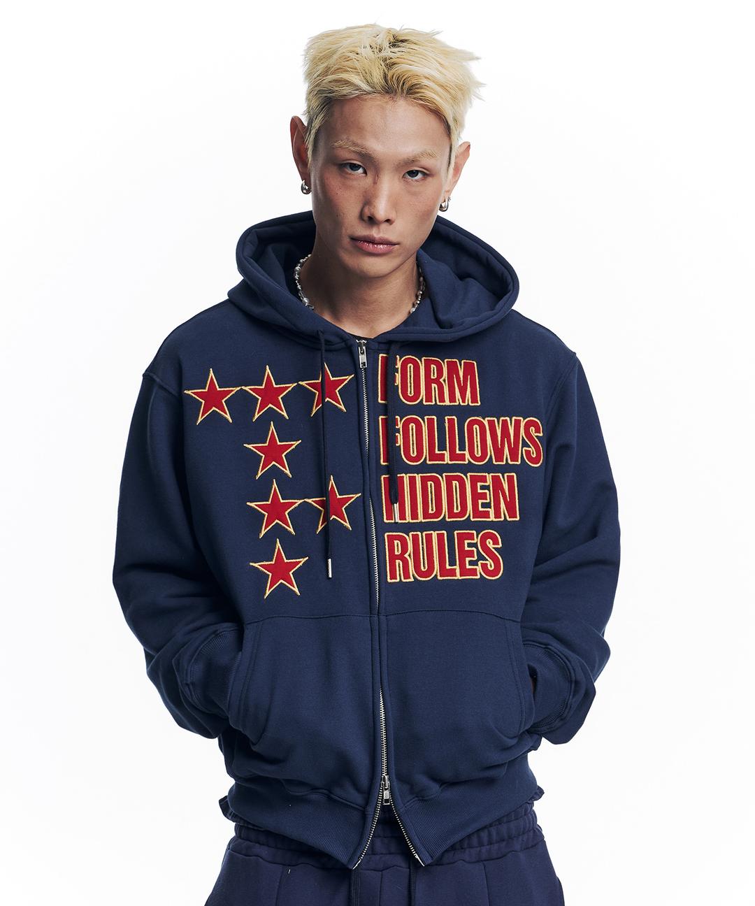 [05/11 예약발송] 스타 레터링 패치 후드 집업 - 네이비