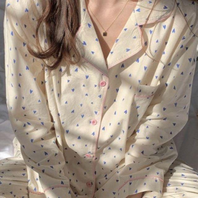 [신상출고/긴팔] 하트 카라 요루 지지미 긴팔 초록 그린 긴팔 긴바지 잠옷 파자마 홈웨어 세트 친구 우정 커플 선물 생일 상하의 면